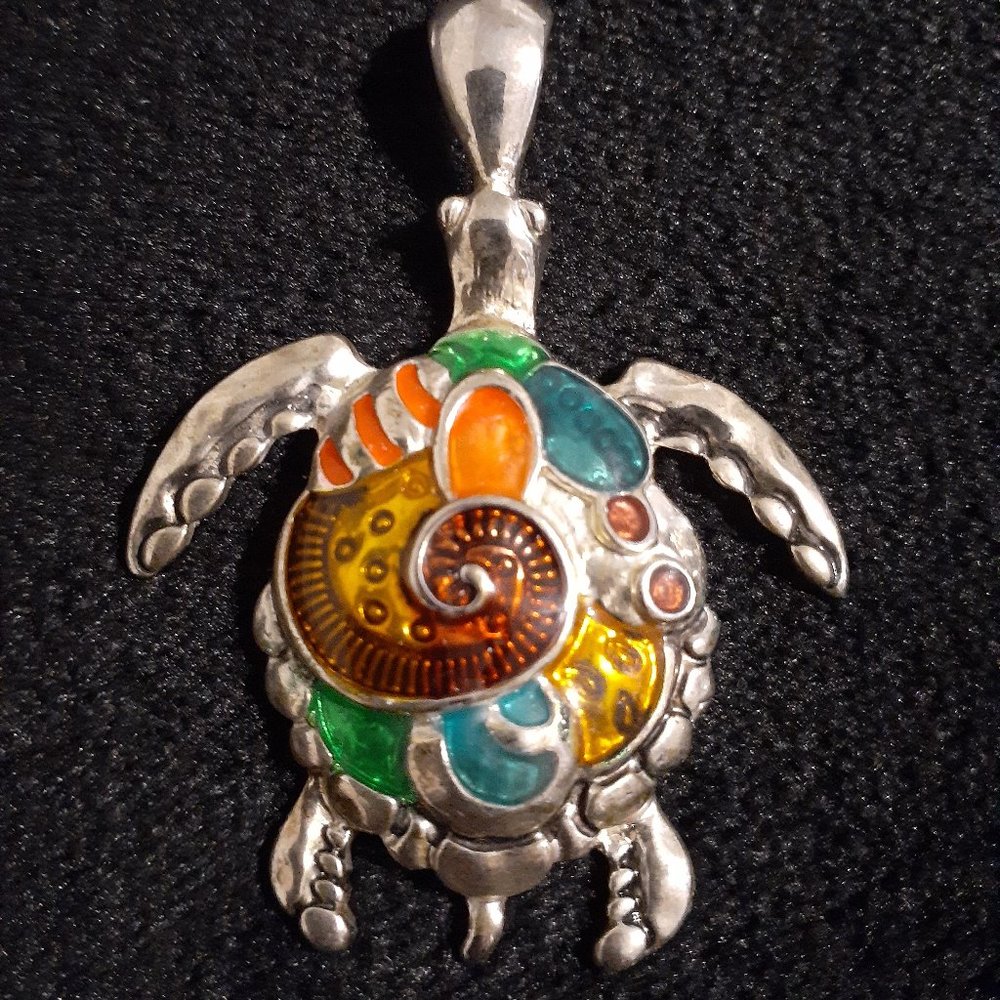 Helping Animals at Risk brand sea turtle pendant; resin gems, silver-toned zinc